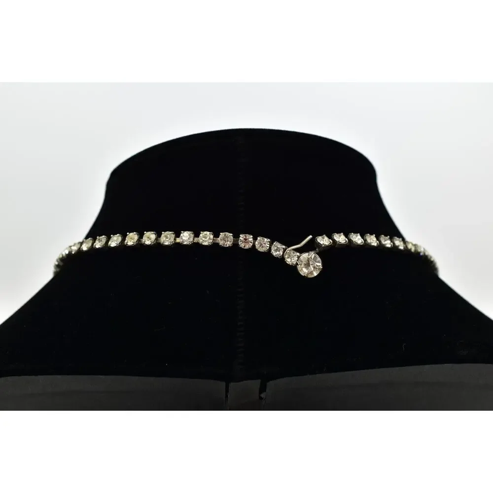 Vintage Crystal Collar Bib Necklace Prong Rhinestone Black Antiqued 1950s BinBJ